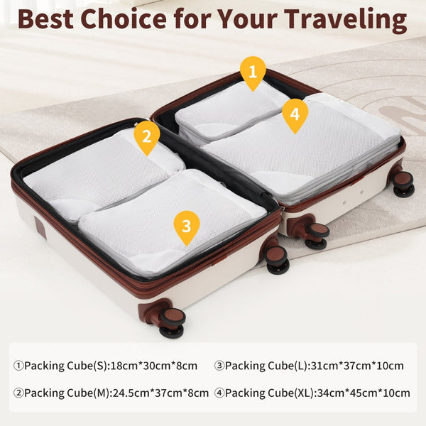 English Elm 4 Piece Hard Shell Abs Luggage Set with Spinner Wheels Tsa Lock and Packing Cubes Brown+White N732P197378K