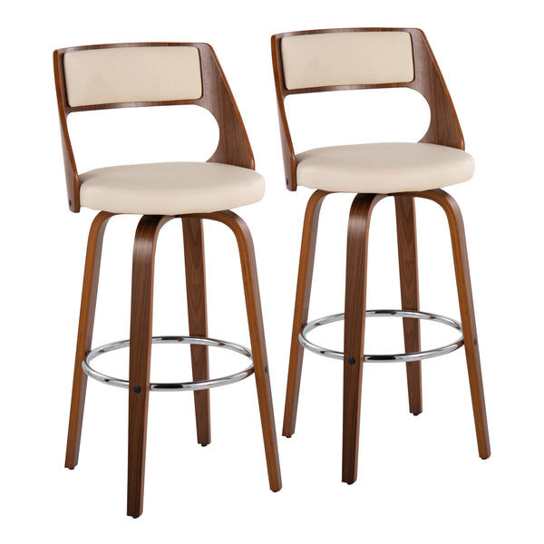 English Elm Cecina Mid-Century Barstool Set of 2 with Swivel, Walnut Frame, Faux Leather Upholstery, 360° Comfort Cream B202S00488
