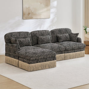 English Elm 100"comfy Chenille Leopard Print Sectional Sofa with Tassel Trim and Movable Ottoman Khaki W5656S00023