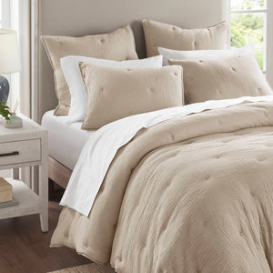 JLA Home Harbor House Blue - Cotton breathable muslin Euro sham with crinkled gauze and delicate embroidery for cozy layered style Taupe HH11-1894