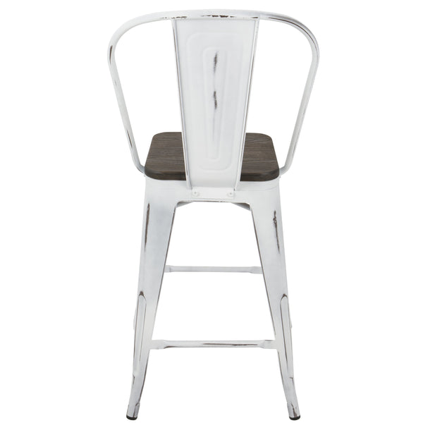 English Elm Oregon Industrial High Back Counter Stool Set of 2 — Vintage White & Espresso, Steel Frame, Bamboo Seats, Rustic Charm B202P222416