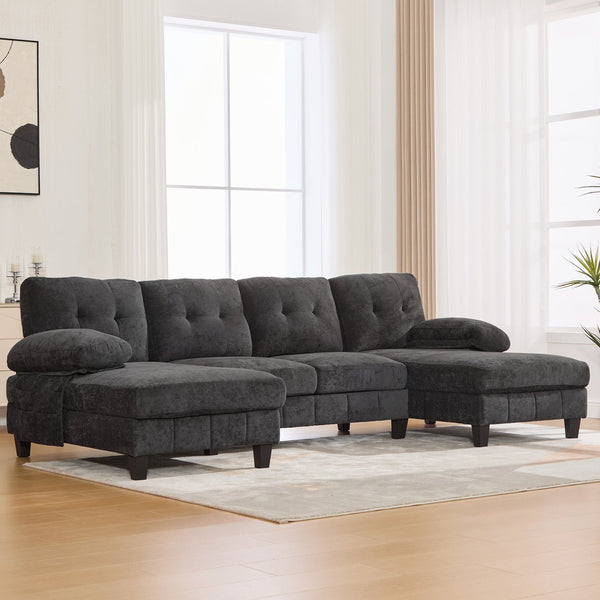 English Elm U-shaped Chenille Sectional Sofa with Dual Chaise Lounges, Tufted Back, Storage Pockets & Pillows Black N719S002040B