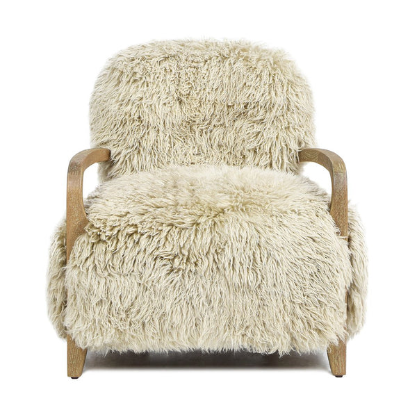 English Elm Jennifer Taylor Home - Enchante Taupe New Zealand Sheepskin Arm Chair with Oak Arms, Plush Comfort & Modern Rustic Charm B2719P238270