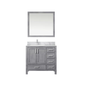 English Elm Distressed Grey Bath Vanity Set With Left Offset Carrara Marble Top, Faucet & Matching Mirror B2731S01264