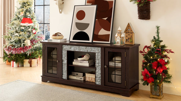 English Elm 58" Modern TV Stand with Faux Stone Top, 6 Cable Cutouts, Ample Adjustable Storage for 75" TVs Cherry W2275P342692