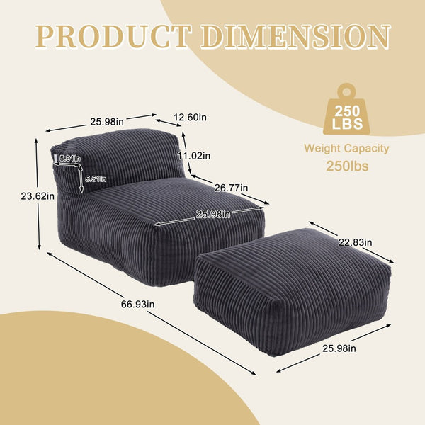 English Elm Big Corduroy Lounger Bean Bag with Ottoman Memory Foam Fill for Living Room Dark Gray W395P435355