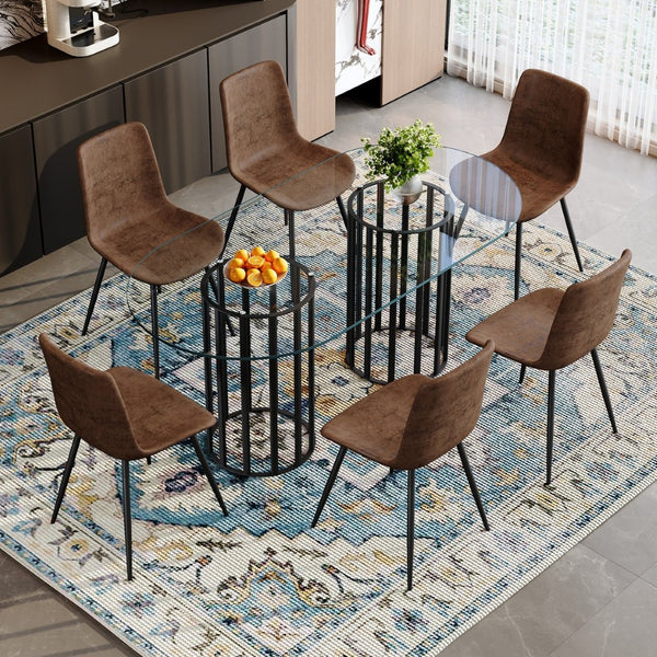 English Elm Table Set Oval Tempered Glass Top with Six Brown Fabric Chairs for Modern Dining W1151S04752