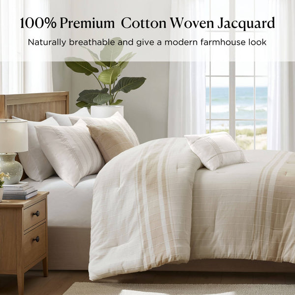 English Elm 6-piece Cotton Dobby Full Comforter Set Tropical Coastal Embroidered Pillow Accents B035P463271
