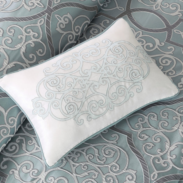 English Elm 12 Piece Comforter Set - Elegant Grey-Blue Jacquard With Cotton Sheets & Decorative Pillows King Size B03596807