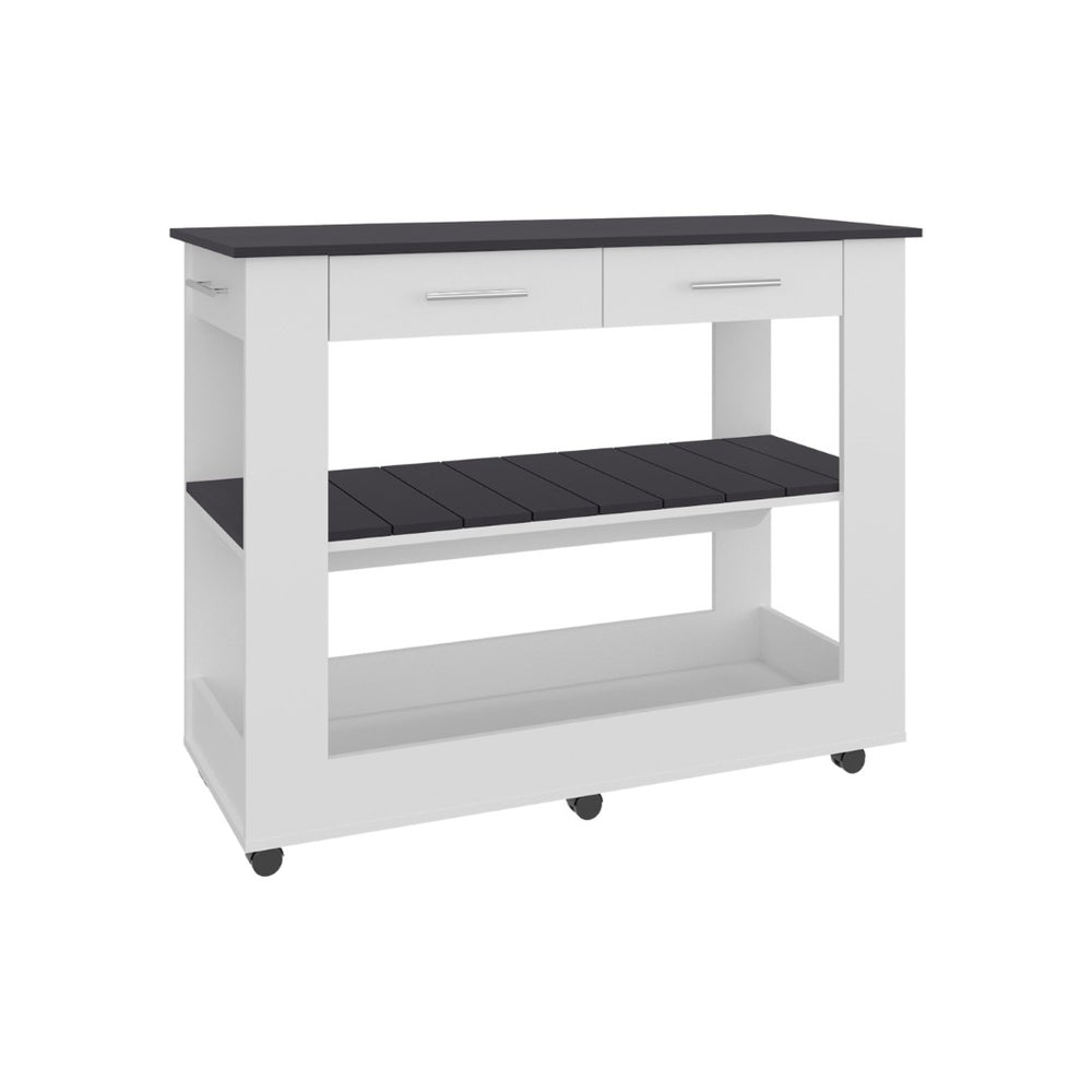 English Elm Cala Two-tone Walnut Kitchen Island with Drawers Open Shelves Prep Surface B200P460154
