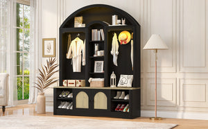 English Elm Multi-functional Hall Tree with Mdf Body Open Shelves Hooks and Scandinavian Two-tone Style Black+Natural SJ000158AAB