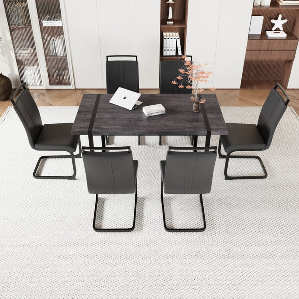 English Elm 59 Inch Industrial Farmhouse Dining Set with Mdf Table and Six Upholstered Chairs Black W2189S00926