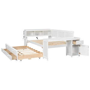 English Elm Full Size Pine Wood Platform Daybed with Led Headboard Desk Storage and Charging White N7090000475K-1