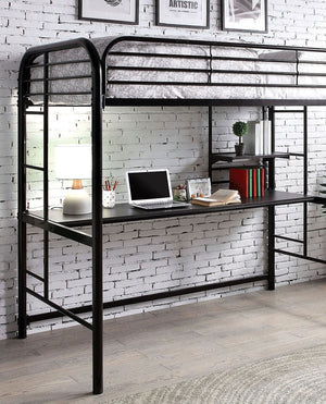 English Elm Black Twin Bunk Bed with Built-In Desk and Shelves, Heavy-Duty Metal Frame, Safe Guard Rails Black 78 L x 44 W x 8 H B2741P351282
