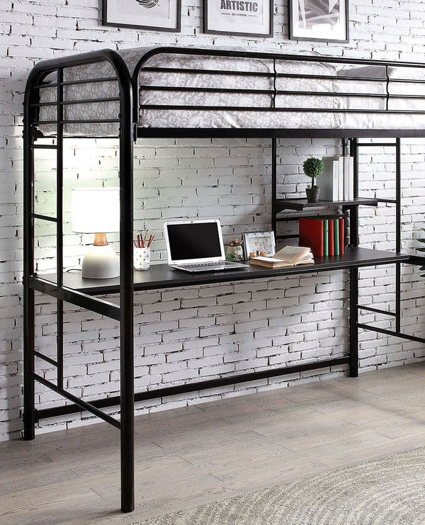 English Elm Black Twin Bunk Bed with Built-In Desk and Shelves, Heavy-Duty Metal Frame, Safe Guard Rails Black 78 L x 44 W x 8 H B2741P351282