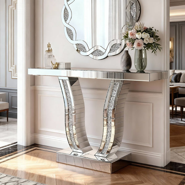 English Elm 43 Inch Mirrored Console Glam Sofa Table with Crystal Stone Inlaid Curved Legs W1445P370475