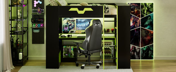 English Elm Full Size Gaming Loft Bed with Rgb Lighting Built-in Desk and Usb Charging Ports Green LT000275AAF