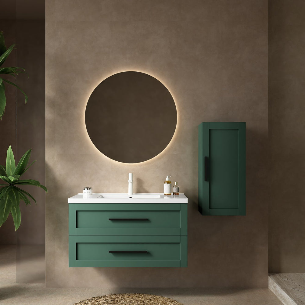 English Elm JODI 36" Floating Bathroom Vanity with Ceramic Sink, 2 Soft-Close Drawers, Wall-Mounted Green Finish W2615S00064