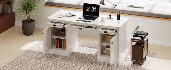 English Elm 67" White Executive Desk with Cabinet Storage Drawers and Usb Ports for Home Office N751S415500K