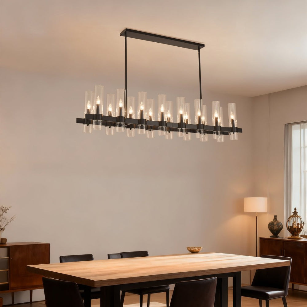 English Elm 63 Inch Matte Black Linear Chandelier 16 Seeded Glass Shades Modern Farmhouse Dining W5008P392739