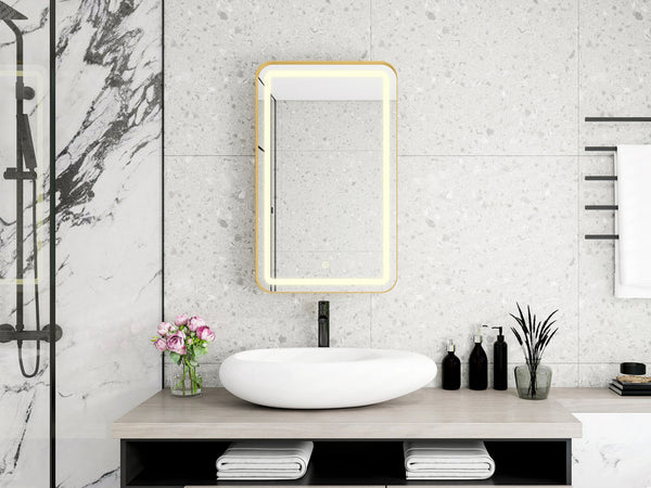English Elm Rectangle LED Medicine Cabinet Mirror with Soft Touch Light, Magnetic Accessories, Tempered Shelves, Wall-Mounted Storage Gold W688P210791