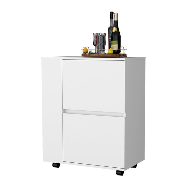 English Elm Fm Furniture Logan Rolling White Bar Cart with Open Shelves and Concealed Cabinet Storage B128P321070