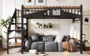 English Elm Twin Xl Metal Loft Bed with Stair Storage Shelves Sturdy Steel Frame for Dorms W1580S00377
