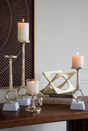 English Elm S/3 Gold Aluminum Pillar Candle Holders with Genuine Marble Base and Ring Detail W2078P490395
