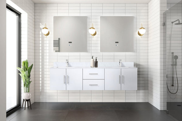 English Elm Glossy 72-inch Double Bath Vanity with Carrara Marble Top, Scratch-Resistant Surface, Chrome Faucet Set & 30" LED Mirrors B2731S01047