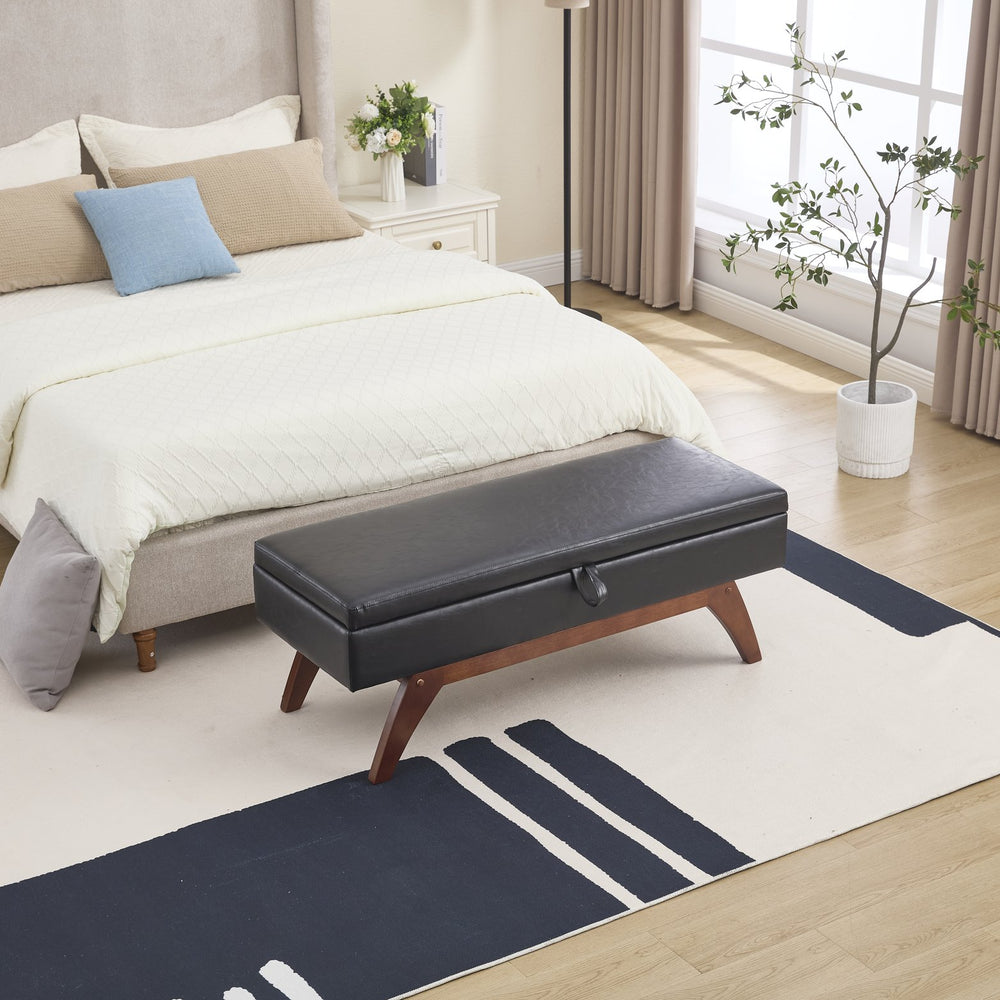 English Elm COOLMORE Teddy fabric storage bench with solid wood feet, hidden compartment for tidy bedroom organization Black PU W1539P242727