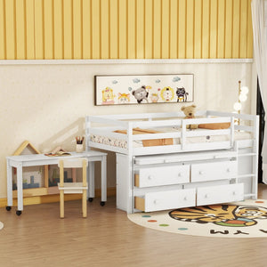English Elm Twin Loft Bed Pinewood Frame Four Drawers Retractable Study Desk Kids Bedroom White LT000368AAK