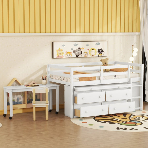 English Elm Twin Loft Bed Pinewood Frame Four Drawers Retractable Study Desk Kids Bedroom White LT000368AAK