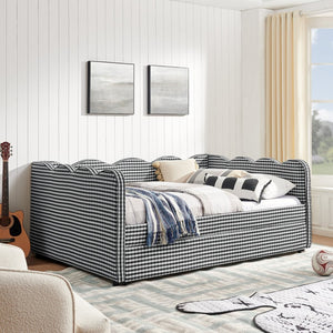 English Elm Full Size Gingham Linen Daybed with Wave Backrest Trundle and Usb Charging Port Black W1413S00141