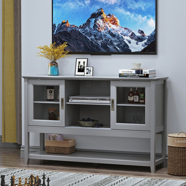 English Elm Sideboard Grey Buffet Table with Tempered Glass Doors, Adjustable Shelves, Cable Management W965P147787