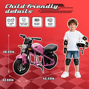 English Elm 24v300w Kids Electric Muscle Motorcycle with Dual Suspension Wide Eva Tires and Twist Throttle Pink W1578P382508