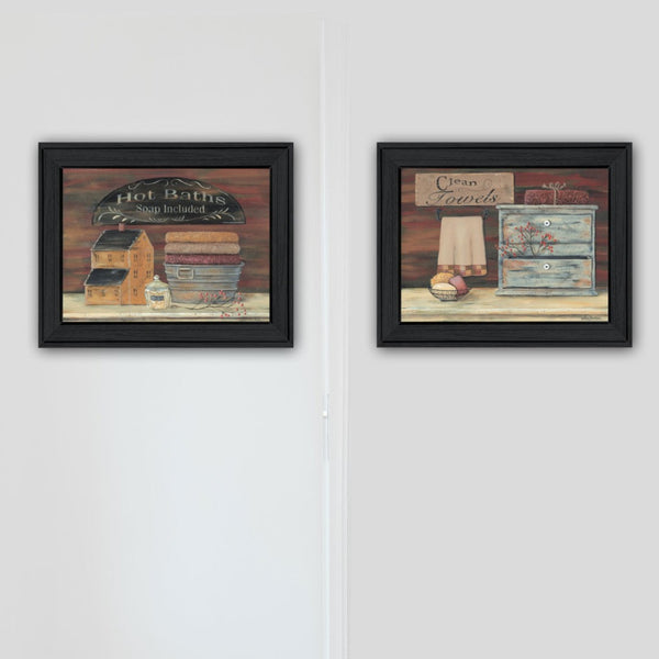 English Elm "hot Bath Clean Towels" 2 Panel Framed Wall Art for Spa Bathroom Decor B06787096