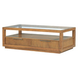 English Elm Modern Wood Coffee Table With 2 Drawers ,Minimalist Display Coffee Table With Transparent Tempered Glass, Open Storage Shelf For Living Room