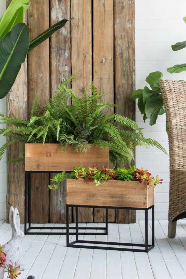 English Elm Set of 2 Rustic Wood Planter Boxes with Black Iron Stands for Farmhouse Decor W2078P496655