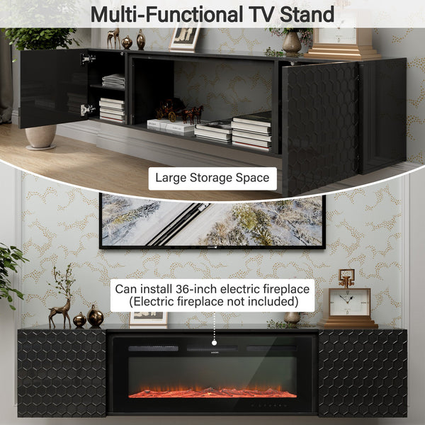 English Elm Floating TV Wall Mount Stand 80" TV Capacity, MDF Wood Console, 220lb Load, Hidden Cable Management T3609P332397
