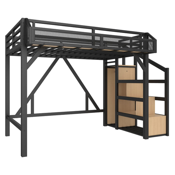 English Elm Twin Metal Loft Bed with Wardrobe Shelves Storage Stairs Led Lighting Usb Ports W1580S00404