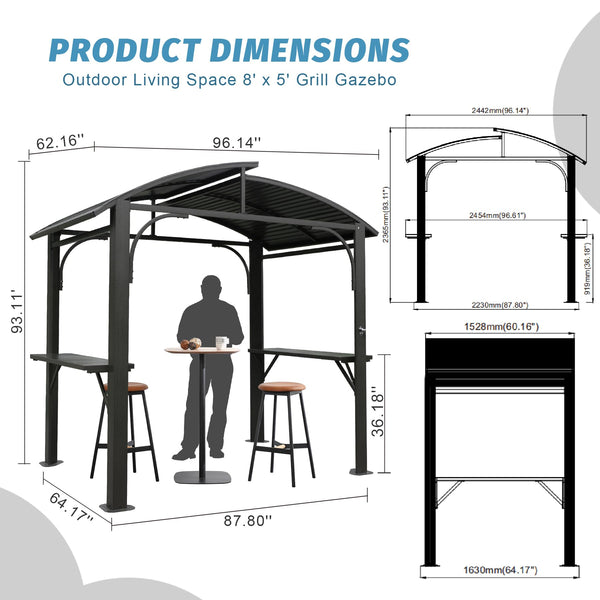 English Elm 8x5FT Arc Roof Grill Canopy with Double Galvanized Steel Roof, Sturdy Frame, Side Shelves, Bottle Opener Grey W1859S00074