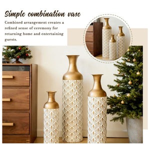 English Elm Decorative White Gold Metal Floor Vase Trio Art Deco Fan Motif Living Room Accent W2796P386874