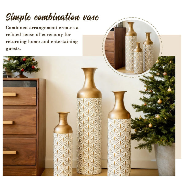 English Elm Decorative White Gold Metal Floor Vase Trio Art Deco Fan Motif Living Room Accent W2796P386874
