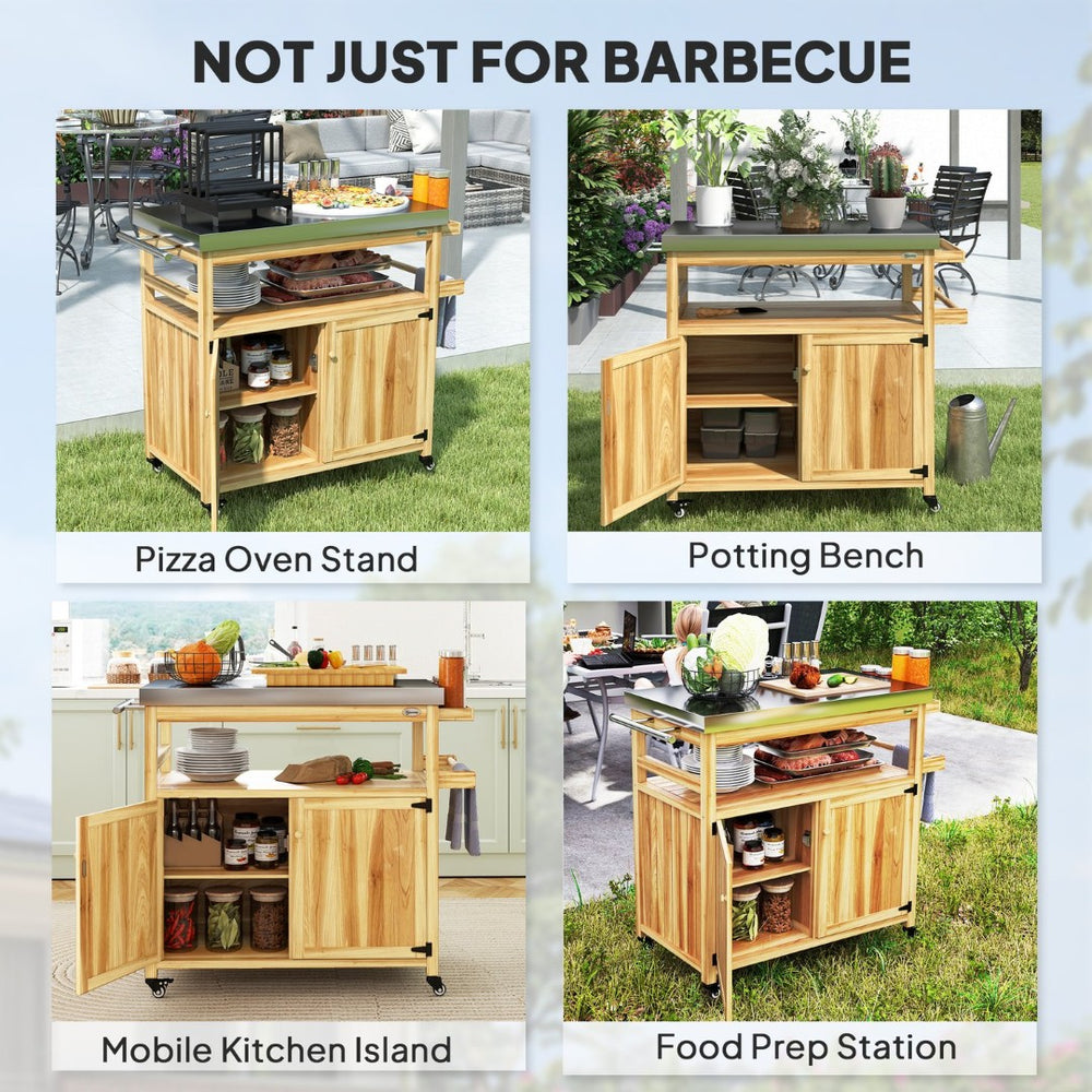 English Elm Outsunny Outdoor Kitchen Cart Solid Wood Steel Top Cabinets Spice Rack on Wheels W2225P485588