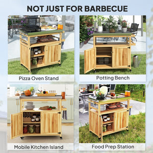 English Elm Outsunny Outdoor Kitchen Cart Solid Wood Steel Top Cabinets Spice Rack on Wheels W2225P485588