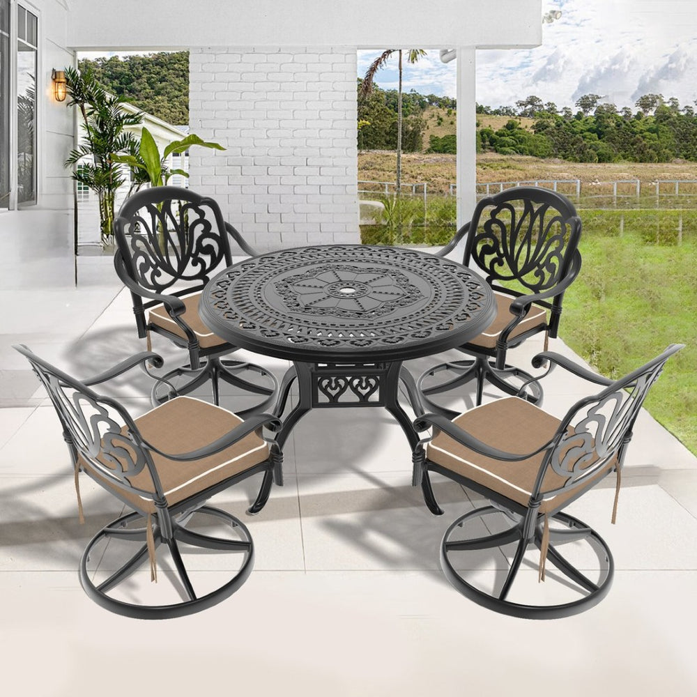 English Elm 5-Piece All-Weather Cast Aluminum Dining Set With Swivel Chairs & Cushions For Ultimate Comfort P2 W1710S00435-GIGA