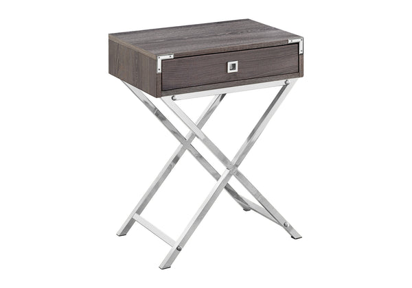 English Elm Accent Rectangular Side Table with Drawer and Chrome X-Leg Base, Modern Retro Nightstand for Living Room Bedroom taupe 25 L x 21 W x 5 H B2710P219333