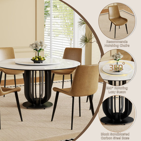 English Elm 59" Round Sintered Stone Dining Table With Lazy Susan - Durable, Modern Design For 8 Guests! W2699S00039