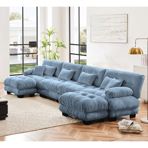 English Elm Free Modular Sectional Sofa - U-Shaped 4-Seater Couch With 2 Ottomans In Vintage Chenille Blue Fabric W714S01180