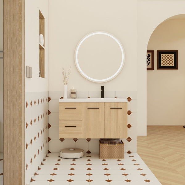 English Elm 36" Floating Bathroom Vanity Light Oak Gel Coat Sink Modular Storage Cabinet W3450S00084